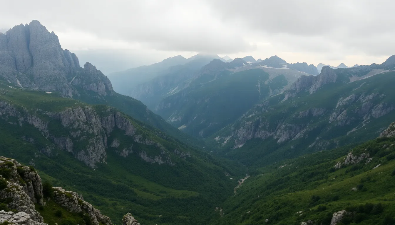 Majestic Mountain Landscape at Dawn A breathtaking mountain scene captured in soft morning light, displaying rugged peaks surrounded by lush valleys. The overcast sky creates a diffused illumination, enhancing the natural colors of the landscape. Sharp details from the foreground to background emphasize the grandeur and scale of the mountains, inviting travelers to explore the beauty of nature. The composition's leading lines draw the viewer deeper into this serene vacation destination.