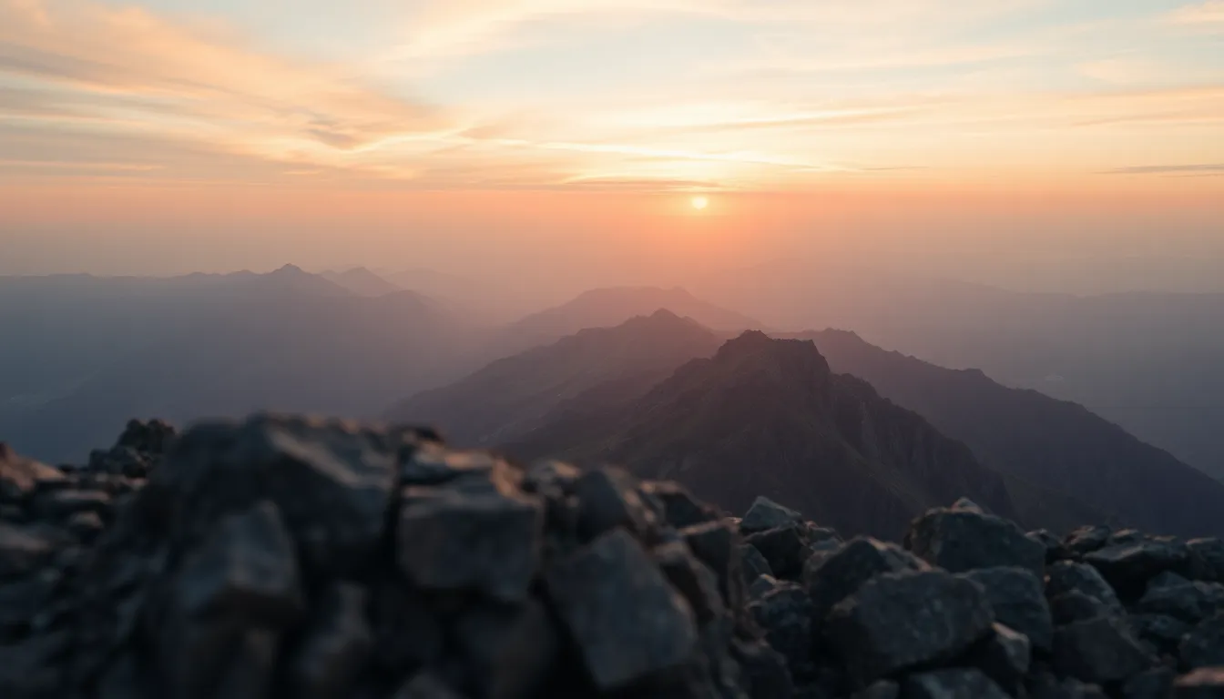Witness the breathtaking beauty of a mountain sunrise captured from a scenic viewpoint. Soft pastel hues adorn the sky as the sun breaks over the peaks, casting a warm glow on the rugged terrain. This tranquil scene draws the eye with its majestic composition, creating a serene escape into nature's wonders. The surrounding landscape, with its textured rocks and distant mountains, adds depth to the image.