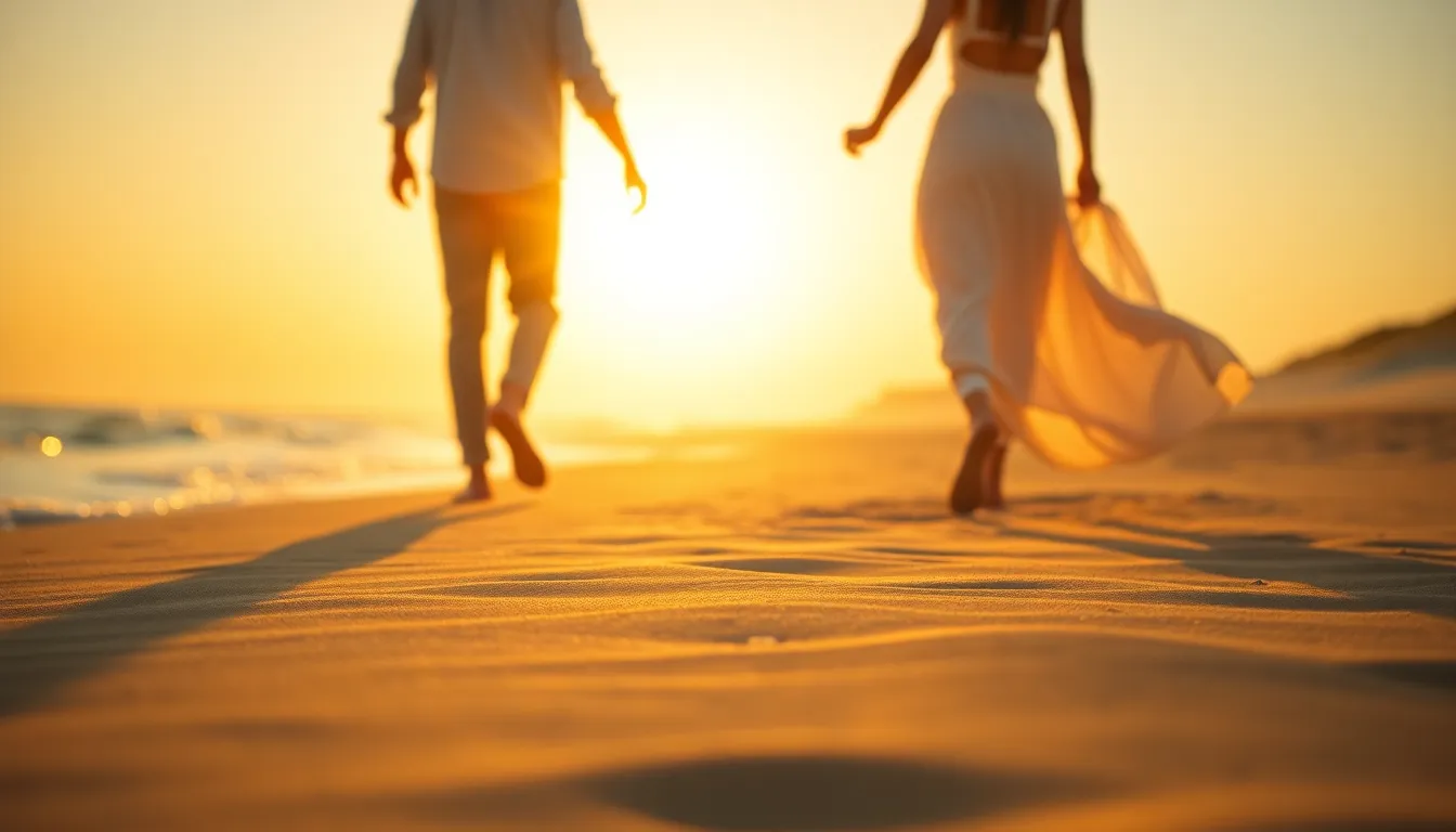 A woman stands on a sandy beach during a stunning tropical sunset, with golden rays illuminating her figure. She wears a vibrant blue sarong and a wide-brimmed hat, smiling joyfully. Palm trees sway gently in the breeze, their leaves perfectly lit by the soft warm light. The atmosphere is tranquil and inviting, ideal for vacation vibes with rich warm hues.