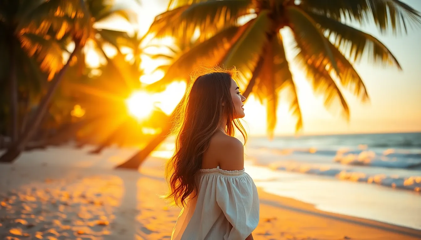 This stunning image captures a couple enjoying a romantic sunset on a sun-kissed beach. The warm golden hues of the sun create a relaxing atmosphere, while gentle waves lapping against the shore add a calming effect. The scene is framed with colorful beach towels and umbrellas, adding vibrancy to the composition. Natural details like grains of sand and seashells enhance the inviting summery feel.
