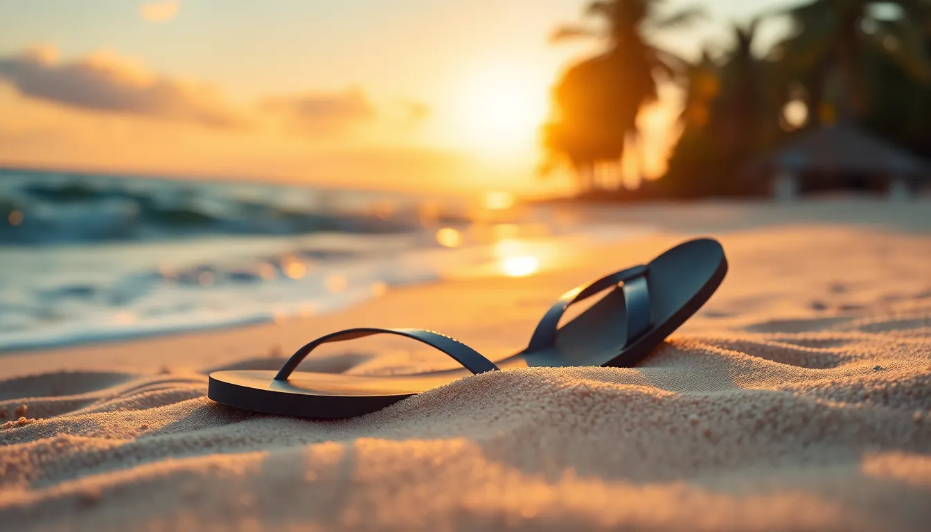 This image captures the essence of a tropical vacation, showcasing a serene beach at sunset. A pair of colorful flip-flops rests in the sand, inviting viewers to imagine relaxation by the ocean. The warm golden hour light creates a soothing atmosphere, with pastel colors illuminating the scene. The shallow focus draws attention to the flip-flops while the soft bokeh enhances the dreamy quality of the background. This invitation to escape captures the magic of beach getaways.