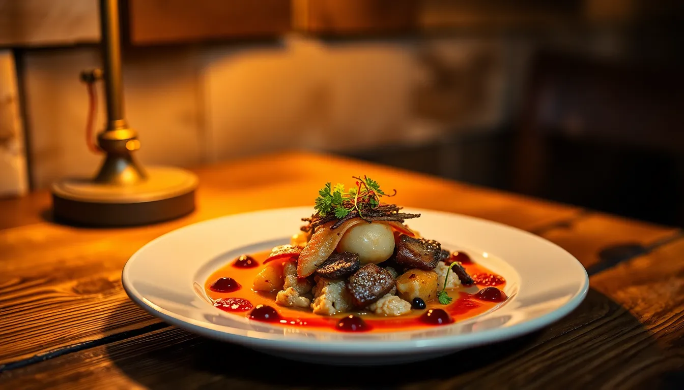 Indulge in the visual feast of a gourmet dish, artfully presented on a rustic wooden table. The vibrant colors and intricate textures of the food are enhanced by warm lighting, creating an inviting atmosphere. This close-up image captures the essence of fine dining, showcasing the beauty of culinary artistry. The creamy bokeh in the background further emphasizes the dish's exquisite details.