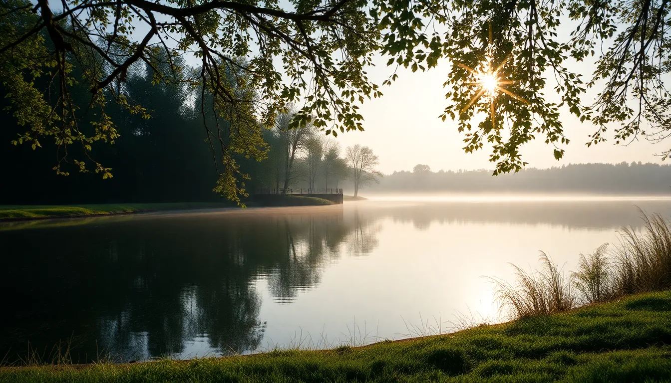 This breathtaking photograph captures the tranquility of a lakeside view at dawn, where soft morning light dances upon the still waters. Surrounded by lush greenery, the glassy surface of the lake reflects a serene sky, inviting viewers to savor the peacefulness of nature. The delicate details, such as morning dew on grass, enhance the calming atmosphere, perfect for relaxation during vacation moments.