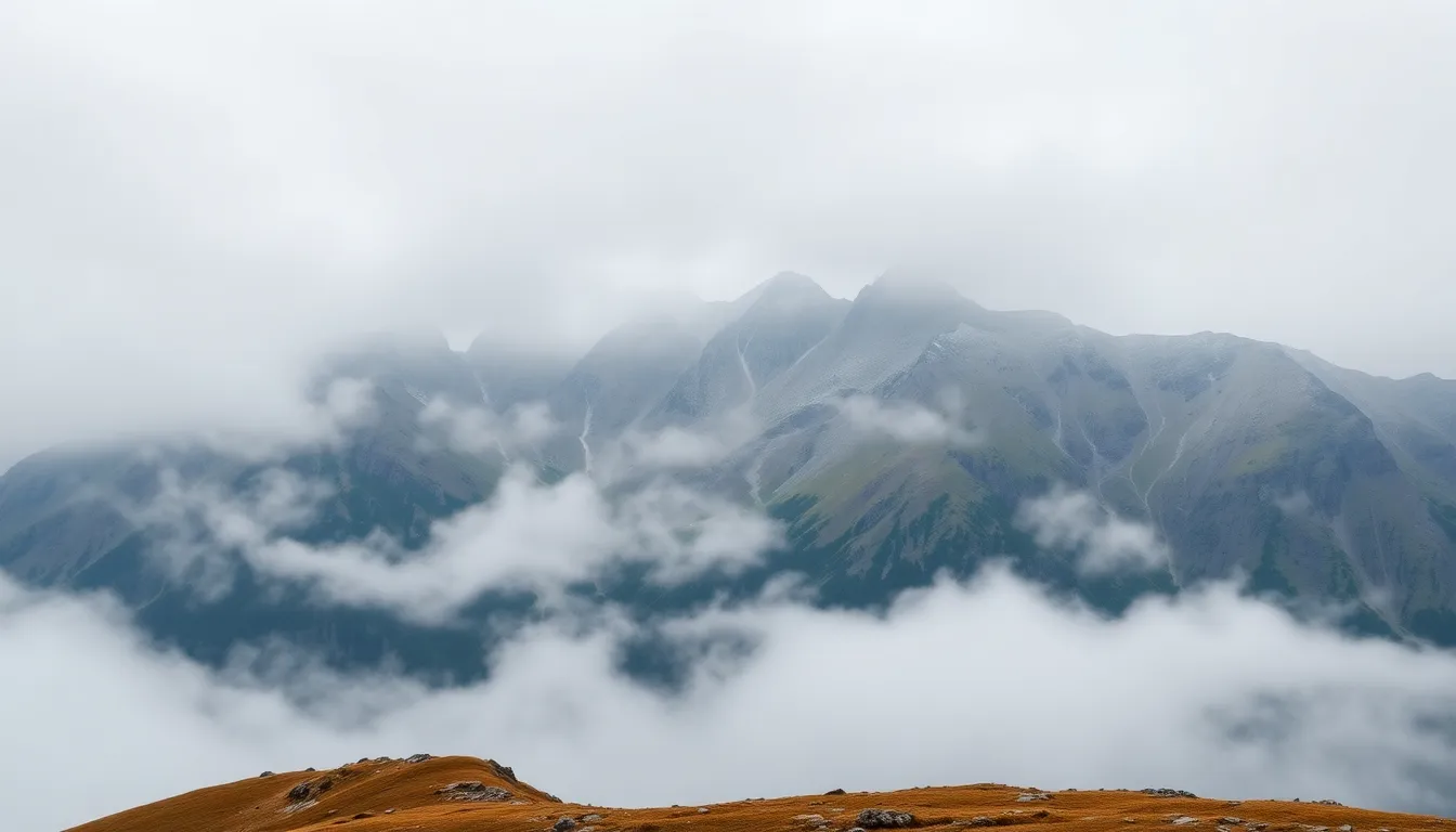 This captivating mountain landscape captures the serene beauty of nature shrouded in early morning fog. Diffused daylight creates a soft, moody atmosphere, enhancing the muted earth tones and subtle greens of the scenery. The centered symmetrical composition showcases majestic mountains rising from the mist, inviting viewers into a tranquil retreat. The hyperfocal sharpness ensures every detail is visible, contributing to the overall sense of calm and wonder.