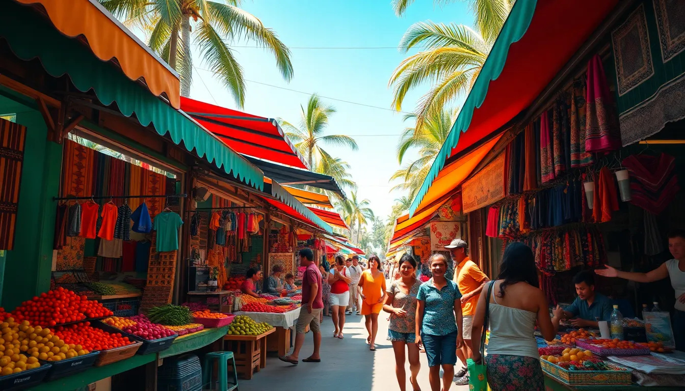 Immerse yourself in the lively atmosphere of a tropical local market captured in this vibrant photograph. With colorful stalls overflowing with produce and crafts, the scene conveys the essence of vacation life. Dappled sunlight enhances the richness of colors, inviting viewers to experience the joy and connection of community in this bustling environment.
