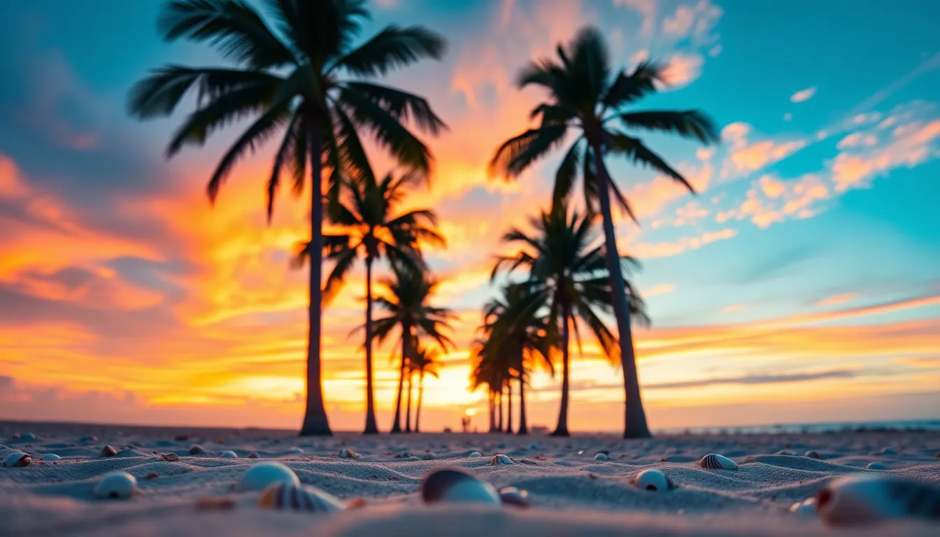 A breathtaking beach sunset is framed by silhouetted palm trees against a stunning sky painted with deep oranges and blues. The fine grains of sand are disturbed, scattered with seashells, drawing the viewer's eye to the rich textures of the scene. The vibrant colors and the serene atmosphere convey a quintessential vacation moment, inviting viewers to immerse themselves in the beauty of a tranquil evening by the sea.