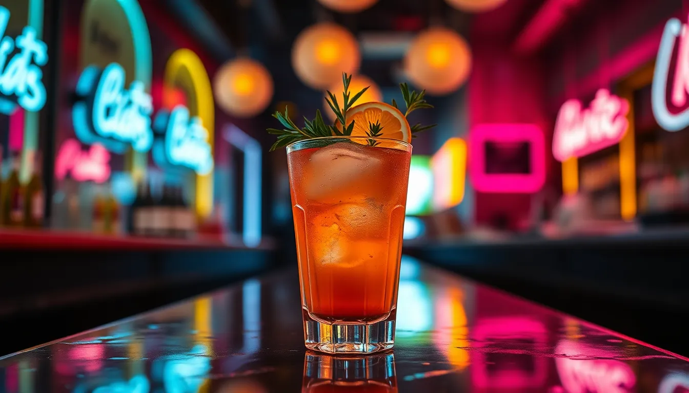 An elegant cocktail sits on a sleek bar counter, illuminated by the colorful reflections of neon signage. The drink is beautifully garnished with fresh herbs and a citrus slice, exuding freshness and vibrancy. The dark, wet surface contrasts the saturated colors of the cocktail, creating a striking visual. This image captures the lively nightlife and the art of mixology.