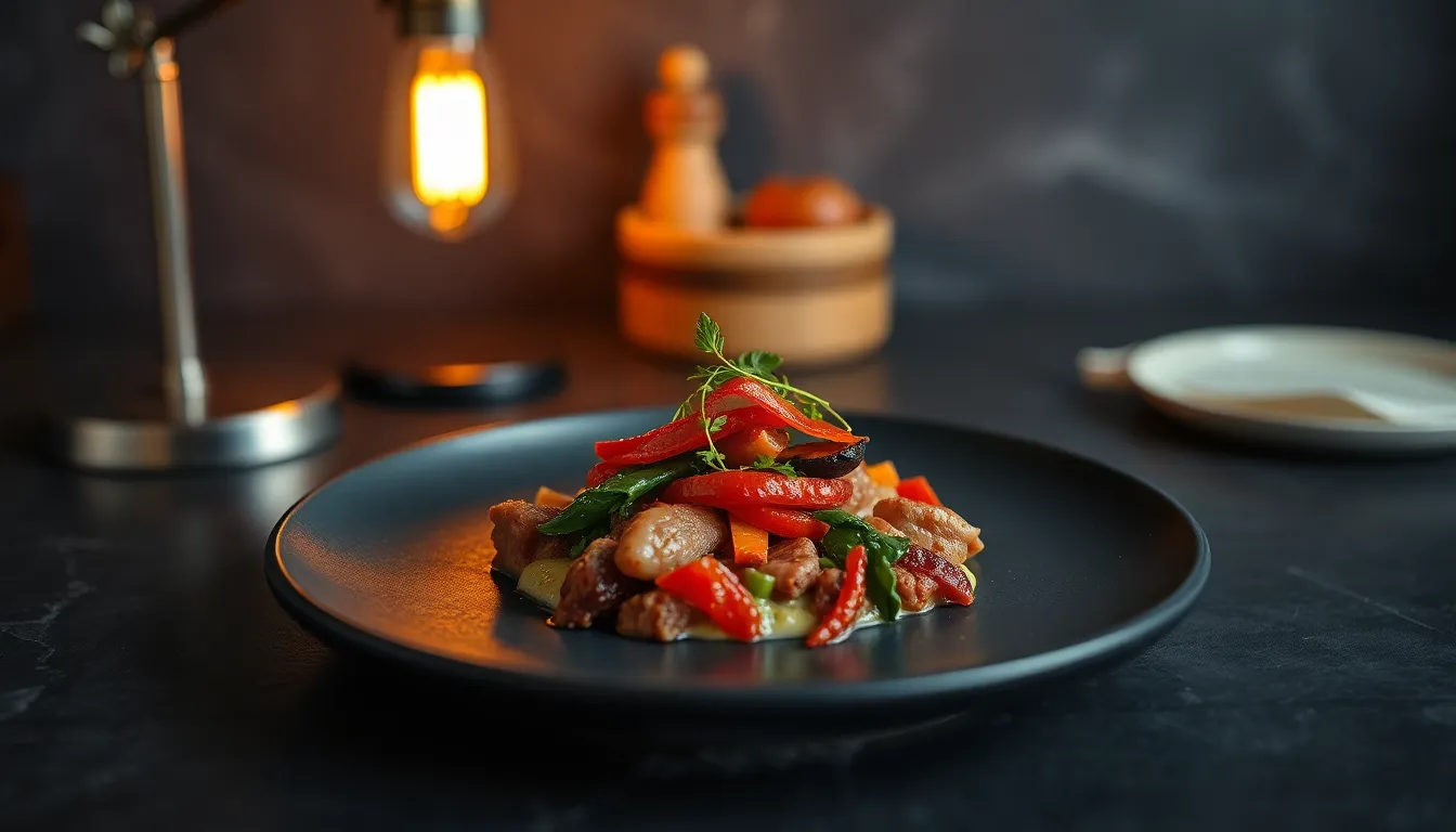 This stunning macro photograph showcases an elegantly plated gourmet dish, set against a dark slate background. The warm light from a tungsten lamp enhances the vibrant colors of the ingredients, creating an inviting presentation. With detailed textures evident in every bite, the image captures the essence of culinary artistry. The centered composition draws attention to the dish, making it a standout piece for food enthusiasts and those seeking inspiration for their next culinary adventure.