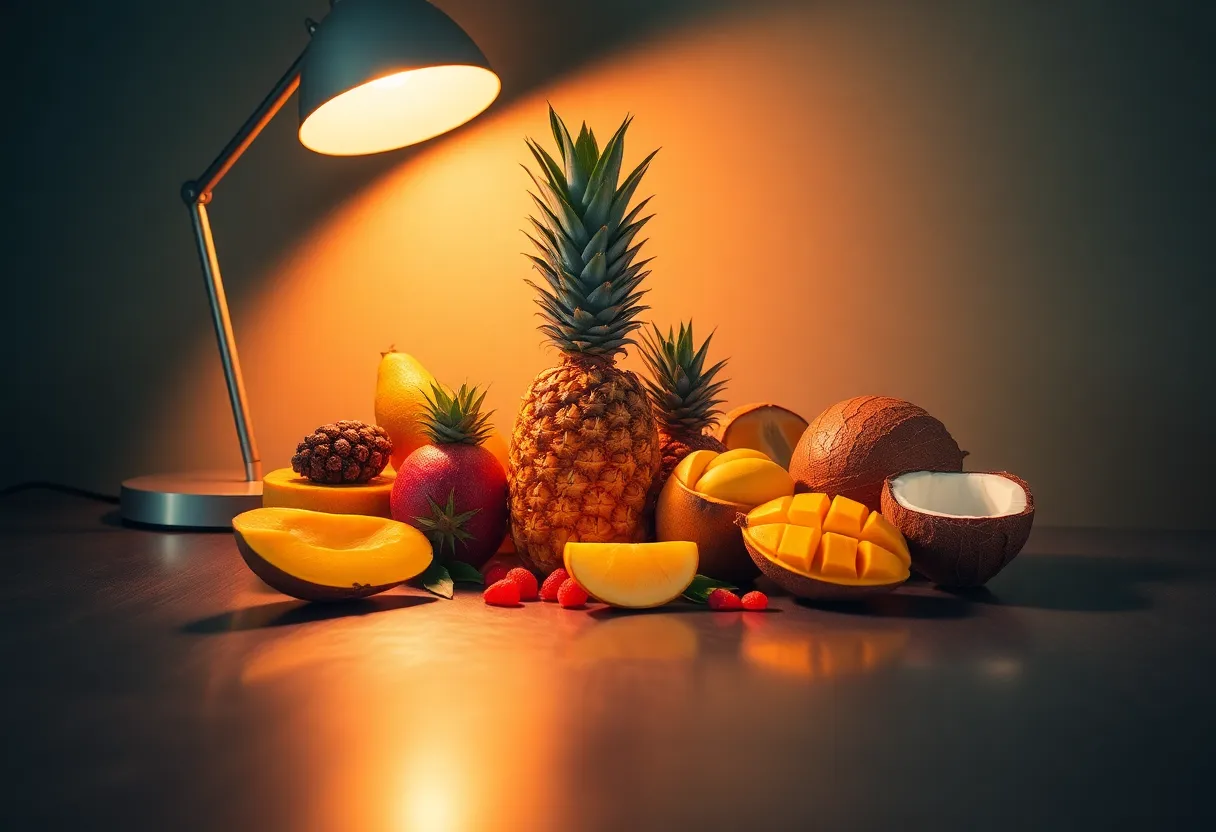 An exquisite arrangement of tropical fruits displayed on a brushed stainless steel surface, creating a luxurious feel. The warm light from a tungsten lamp highlights the vibrant hues of the pineapple, mango, and coconut, making them irresistibly appealing. The shallow depth of field ensures that the fruits pop from the background, drawing attention to their textures and colors. This image embodies the essence of a luxurious vacation experience.