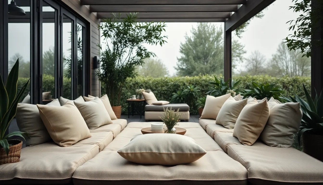 Chic Outdoor Lounge Setup Discover the elegance of a chic outdoor lounge setup, featuring plush linen furniture adorned with soft pillows amidst lush greenery. The diffused daylight from large windows casts a gentle light across the scene, creating a soothing and inviting ambiance. This image captivates the essence of relaxed vacations, blending comfort with sophisticated style. The muted color palette and thoughtful composition make this scene a perfect escape into leisure.