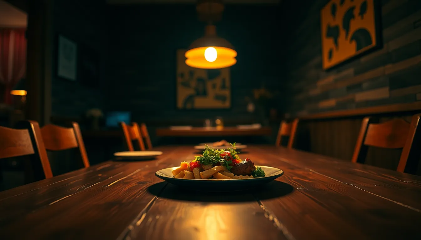 A delicious plate of local cuisine is beautifully presented on a rustic wooden dining table, illuminated by a warm tungsten lamp. The dish features vibrant colors and intricate garnishes, enticing the viewer. The warm hues of the surroundings create an intimate atmosphere, perfect for dining. The depth and detail invite exploration of the culinary art.