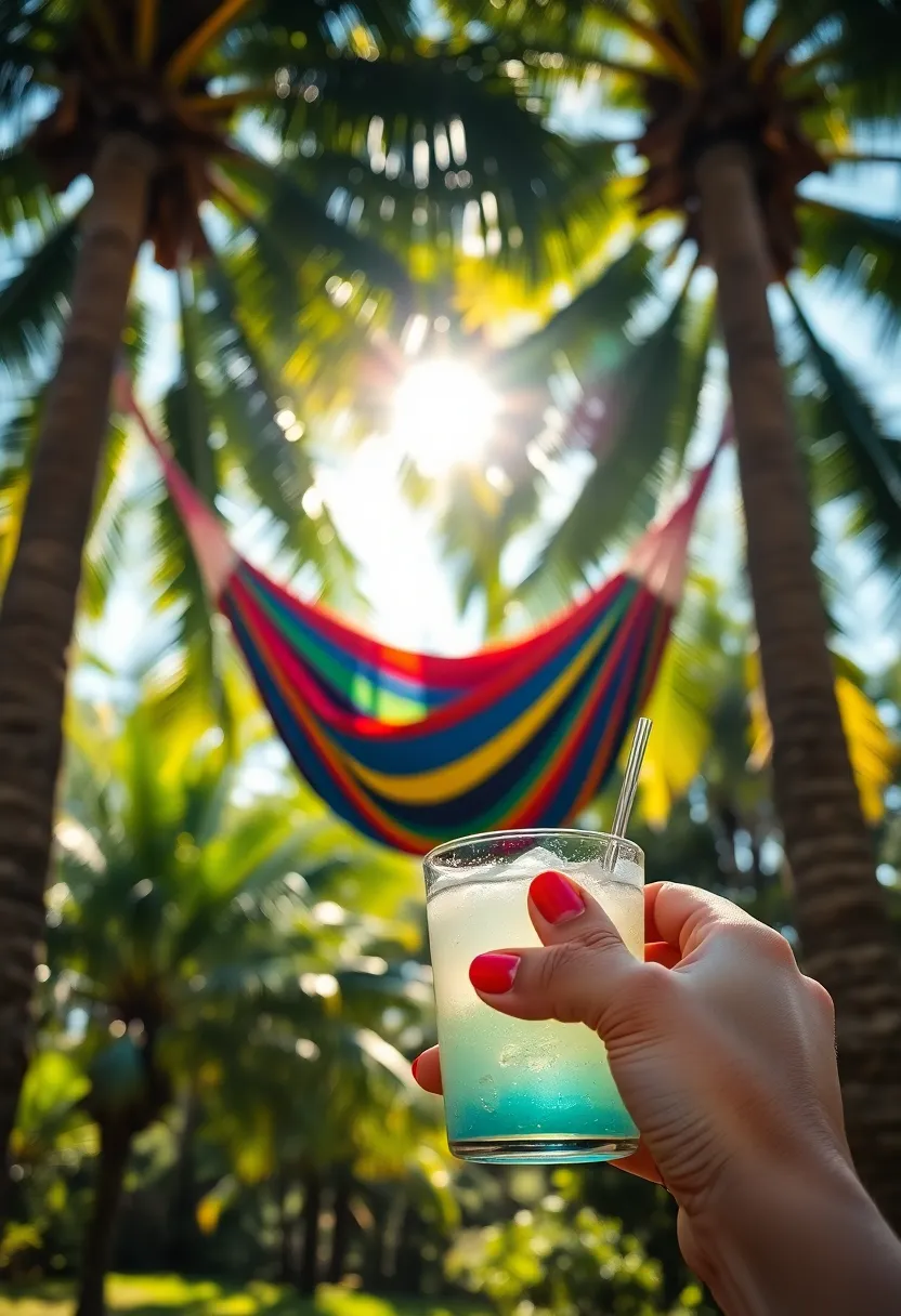 A serene tropical escape captured in stunning detail, featuring a bright hammock suspended between two palm trees. Dappled sunlight dances through the leaves, creating a beautiful bokeh effect. A person's hand with vibrant nail polish holds a refreshing drink, inviting viewers to imagine the relaxation of a sun-soaked vacation. The rich colors and dynamic composition transport you to a lush paradise.