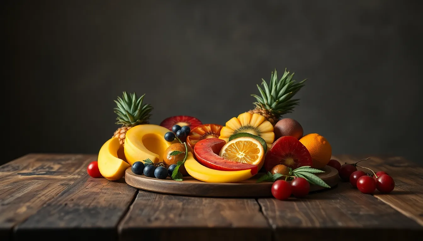 Vibrant Tropical Fruit Platter A stunning arrangement of tropical fruits artfully displayed on a rustic wooden table, inviting viewers to indulge in a summery sensation. The rich colors of the fruits pop against the muted background, enhancing the fresh and vibrant feel. This composition captures the essence of vacation indulgence through colorful, healthy, and beautifully stylized food. The detail and depth in this image make it perfect for anyone looking for inspiration in culinary presentation.