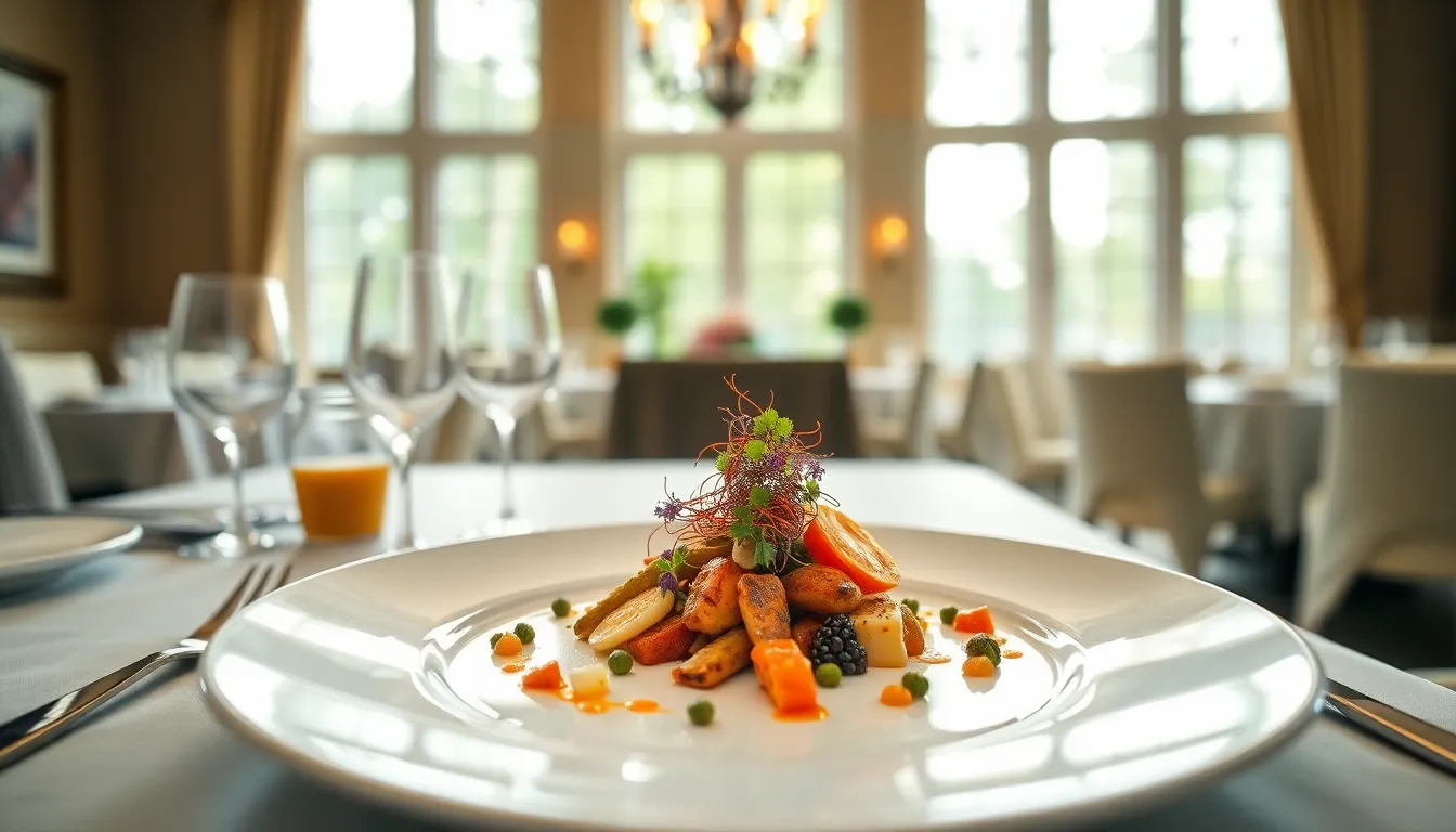 This stunning image showcases a gourmet dish elegantly presented on fine white porcelain, embodying a luxurious dining experience. The soft daylight enhances the vivid colors of the fresh ingredients and delicate garnishes, creating an inviting mood. The shallow depth of field highlights the intricate details of the dish while softly blurring the background, emphasizing its culinary art. This enticing visual captures the essence of fine dining, ideal for vacation moments focused on indulgence.