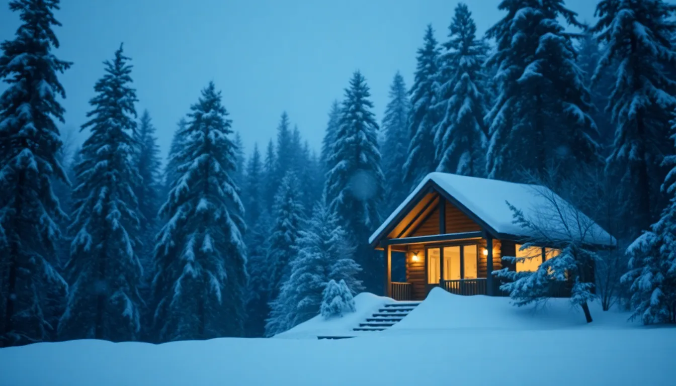 Discover the charm of a cozy cabin surrounded by a serene snowy forest at twilight. Soft bluish hues fill the scene as snowflakes delicately fall, creating a peaceful winter ambiance. The warm light from the cabin's windows invites you to step inside and escape the cold. This picturesque scene is beautifully composed to highlight both the cabin's inviting presence and the tranquil surroundings.