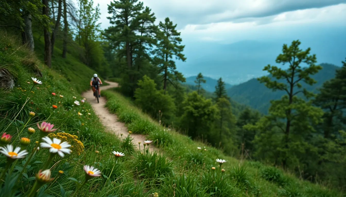 Experience the thrill of mountain biking in this vibrant photograph, showcasing a rider speeding down a lush green trail. The overcast daylight enhances the vivid colors of the landscape, creating a beautiful contrast against the intense determination on the rider's face. This dynamic scene captures the essence of adventure vacations, inviting viewers to escape into the excitement of outdoor sports.