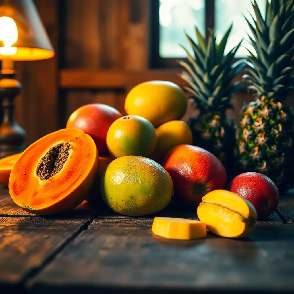 Tropical Fruits on Rustic Table
