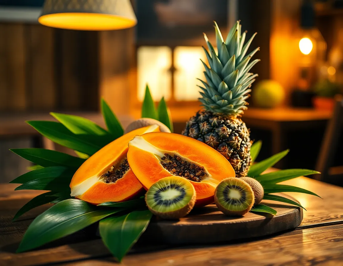 Tropical Fruit Arrangement on Rustic Table An enticing arrangement of colorful tropical fruits displayed on a rustic wooden table, illuminated by warm tungsten light. The vibrant colors of the pineapple, papaya, and kiwi pop against the rich textures of the wooden surface. This image captures the essence of a leisurely vacation, evoking feelings of tropical warmth and indulgence. The soft bokeh background enhances the focus on the fruits, making this a perfect visual for food lovers.