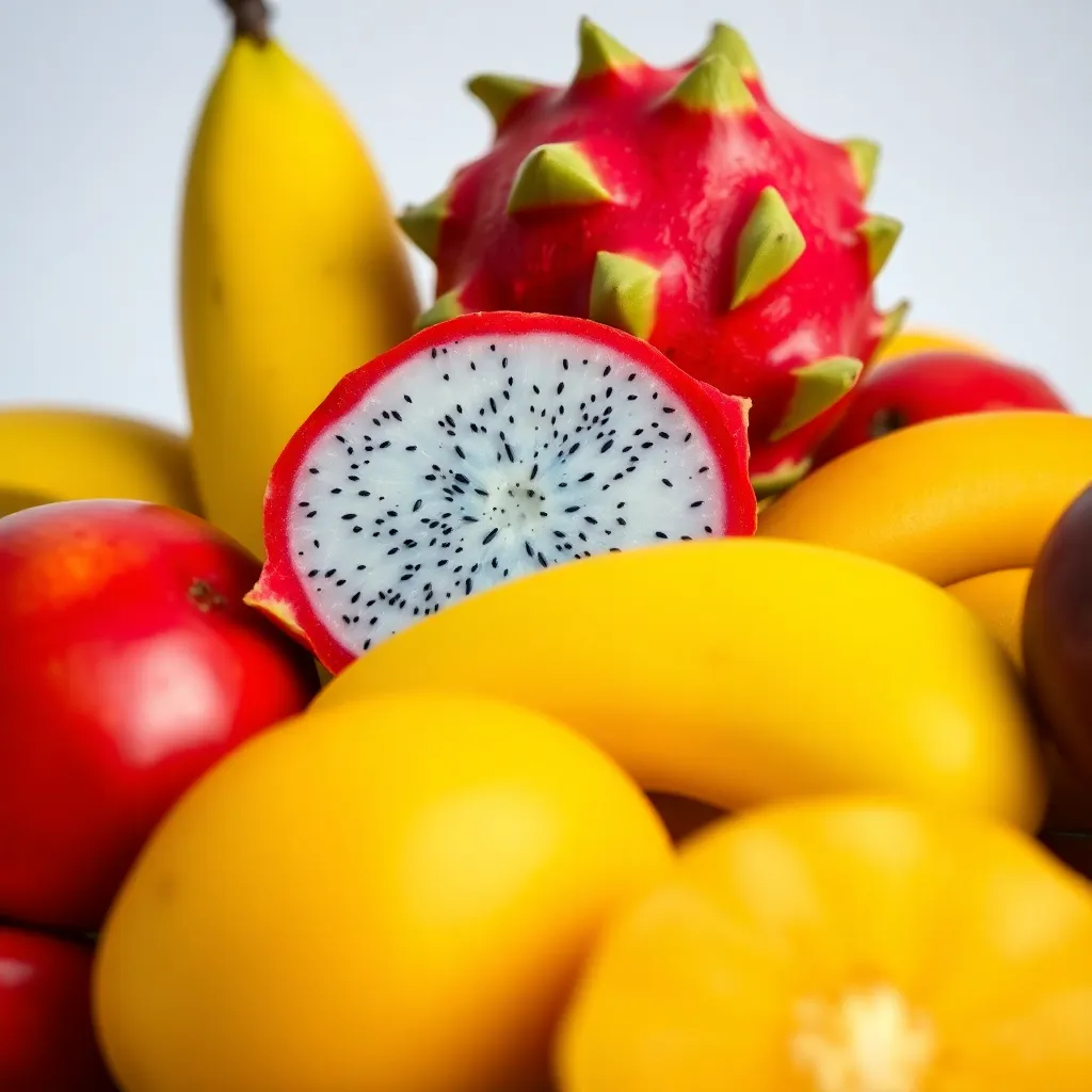 A close-up view of a beautifully arranged tropical fruit platter showcases the vibrant colors and textures of fresh fruits. The soft, flattering studio light enhances the natural beauty of each piece, from the bright orange mango to the exotic dragon fruit's delicate skin. The shallow depth of field draws attention to the vivid details, making this image an enticing representation of tropical vacation delights. Its symmetrical composition adds to the appeal, ideal for food photography.