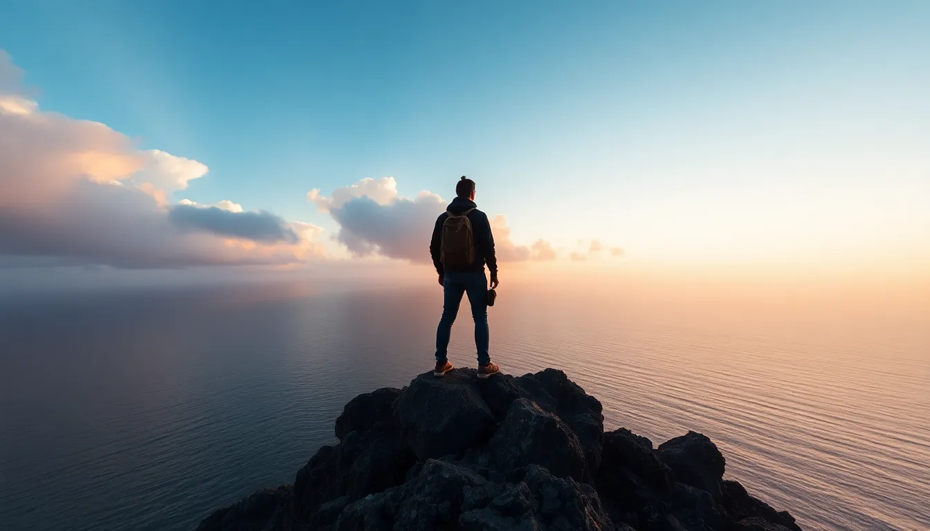 This breathtaking image captures a lone traveler standing atop a rocky cliff, gazing at the ocean during a stunning sunrise. Soft golden light filters through the clouds, casting an ethereal glow over the scene and enhancing the tranquil mood. The shallow depth of field draws focus to the traveler, while the gentle waves of the ocean stretch out into the distance. This evocative image invites viewers to partake in the wanderlust experience of early morning adventures, perfect for vacation inspiration.