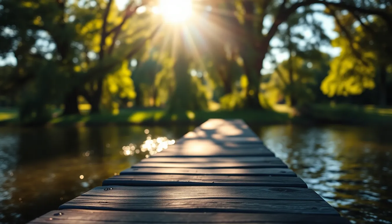 Tranquil Lake Retreat Among Trees Experience the calm of a tranquil lake retreat with this captivating image of a young couple seated on a weathered wooden dock, surrounded by lush trees. Sunlight filters through the foliage, casting dappled patterns on their faces. The vibrant colors of the scene reflect the richness of nature, while the soft bokeh enhances the romantic atmosphere. This image perfectly captures the essence of a relaxing vacation getaway.