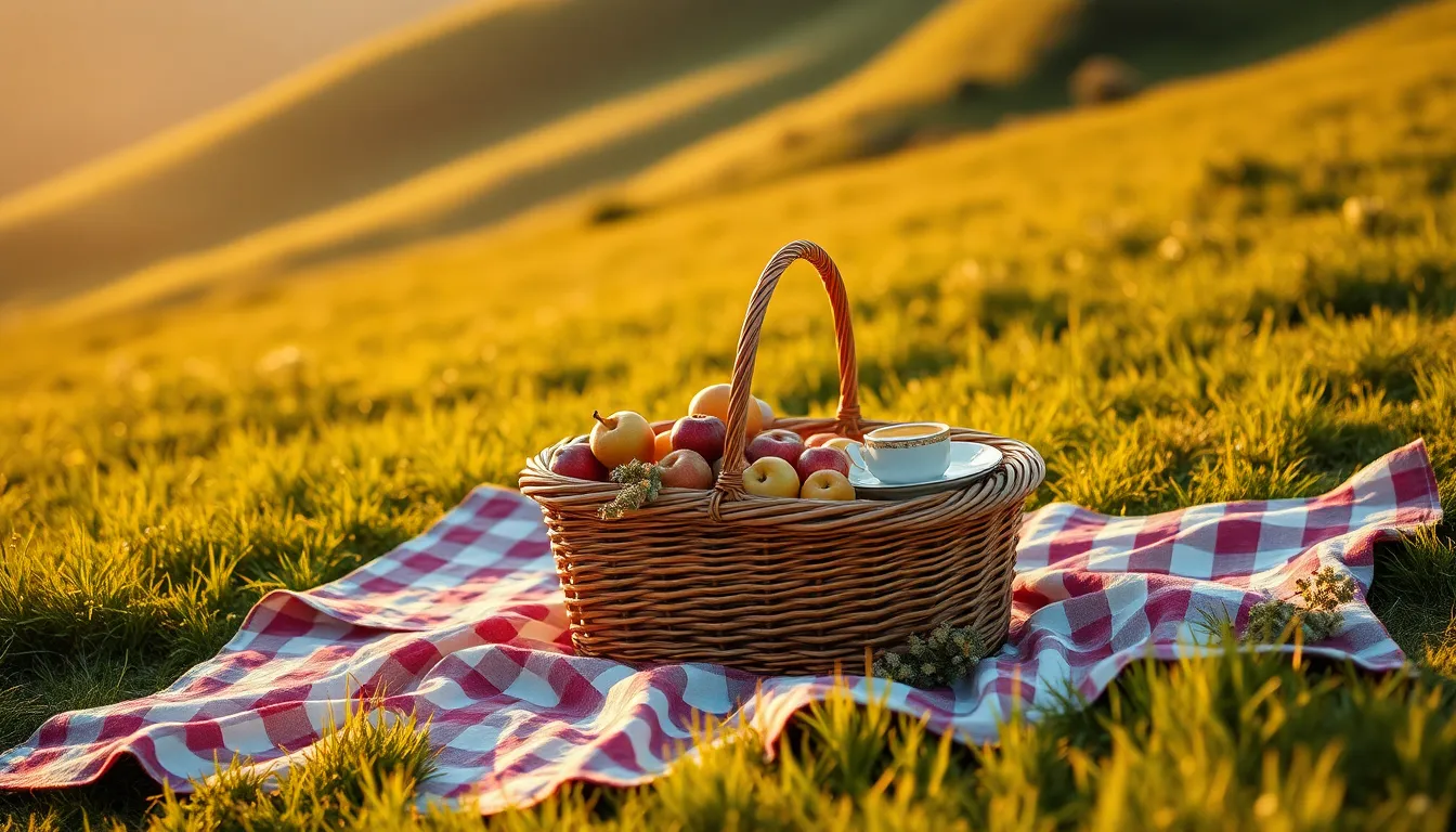 This picturesque image showcases an elegant picnic setup on a vibrant hillside, perfect for a tranquil escape. A vintage wicker basket brims with fresh fruits and delicate tableware, inviting a sense of indulgence. The warm golden hour light bathes the scene in a cozy glow, while a shallow depth of field highlights the intricate details of the picnic arrangement. Rich, muted colors enhance the serene ambiance, making it an ideal representation of vacation relaxation.