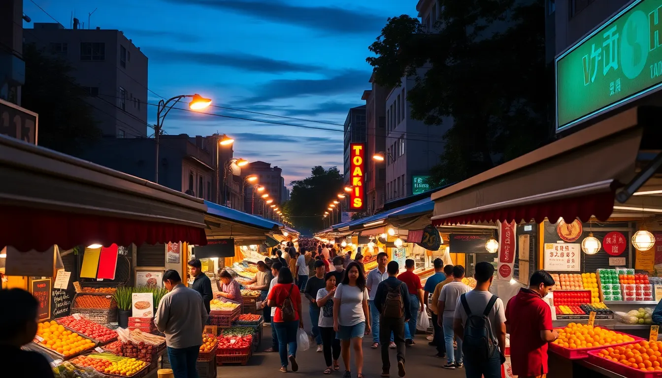 Experience the lively ambiance of a street market captured during twilight, where colorful stalls brim with fresh produce and local delicacies. The warm glow of streetlights contrasts beautifully with the cool evening sky, inviting passersby to explore the culinary treasures. Vibrant colors pop, creating an engaging visual feast that immerses the viewer in the energy of the city. The composition highlights the interactions between vendors and customers, making this image an inviting representation of travel and culture.