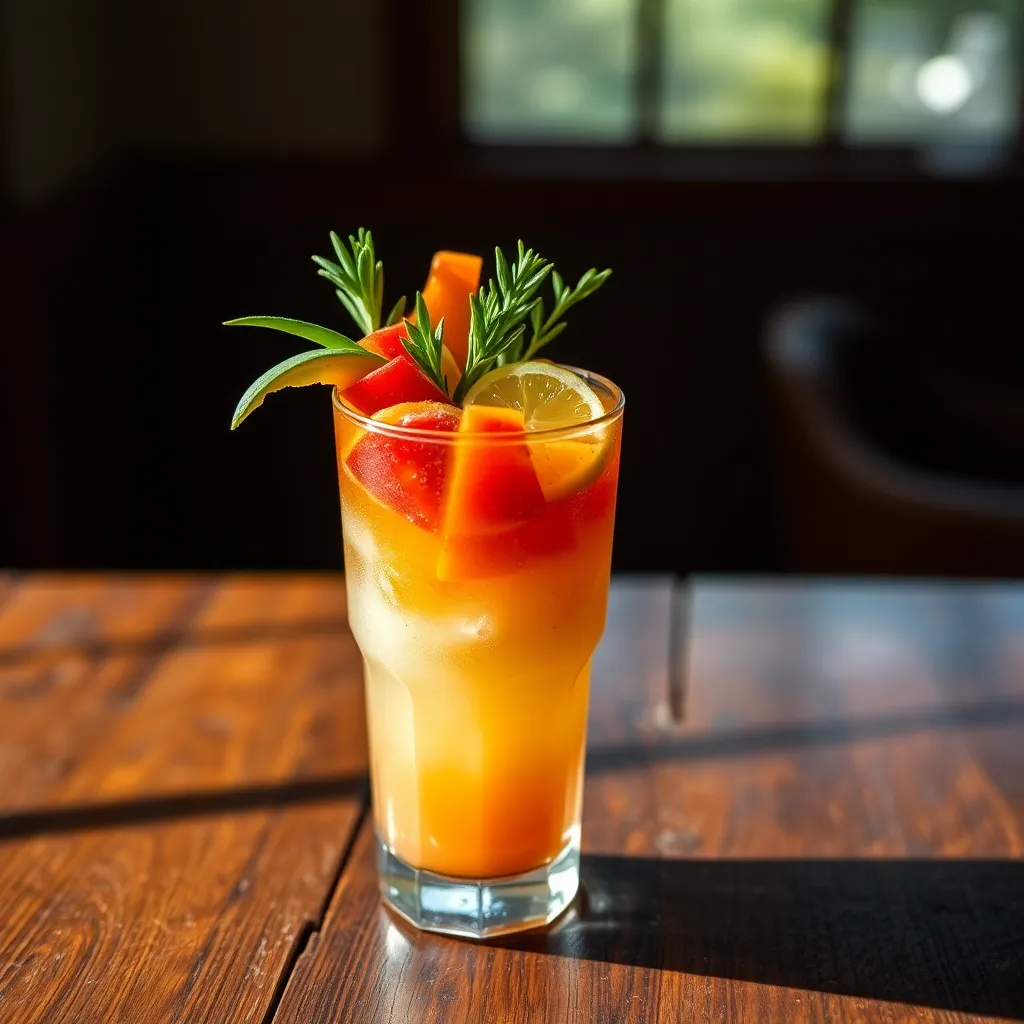 This striking close-up showcases a beautifully garnished tropical cocktail, vibrant with fresh fruits and herbs, resting on a rustic wooden table. The interplay of natural light highlights the vivid colors, creating an inviting and refreshing appeal. The expert use of shallow depth of field draws focus to the intricate details of the garnish, while the surrounding bokeh adds a dreamy quality. This image encapsulates the essence of luxurious vacation moments, ideal for beverage and travel enthusiasts.
