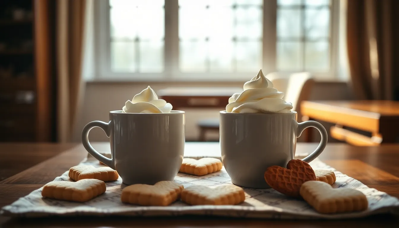 This image showcases a warm and inviting scene featuring two mugs of hot chocolate, topped with fluffy whipped cream, set against a cozy backdrop. Heart-shaped cookies surround the mugs on a lovely patterned cloth, creating a delightful Valentine's Day atmosphere. The soft natural light enhances the textures of the ceramic mugs and the cookies, inviting viewers to indulge in the warmth of love and companionship.