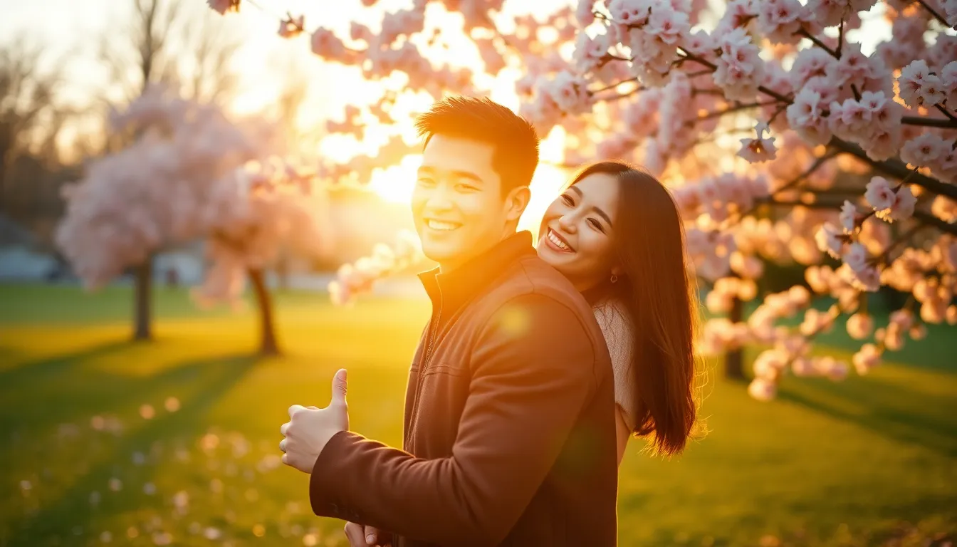 Romantic Couple Under Cherry Blossoms A romantic couple is captured in a serene park during golden hour, bathed in warm light and surrounded by delicate cherry blossoms. Their joyful expressions reflect love and connection, enhanced by the soft bokeh of the flowers in the background. The image utilizes warm skin tones for an inviting and affectionate mood, with the couple positioned in a dynamic composition that draws the viewer's eye to their embrace.
