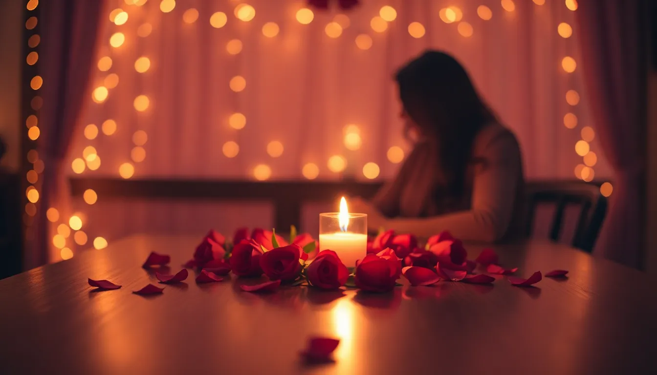 A couple shares an intimate candlelit dinner, the warm glow of the candles reflecting off elegant glassware. The wooden table is adorned with delicate rose petals, adding a romantic touch. The soft focus on their hands intertwined emphasizes the love between them, surrounded by the buttery warm hues created by the lighting. This image captures the essence of romance and celebration on Valentine's Day.
