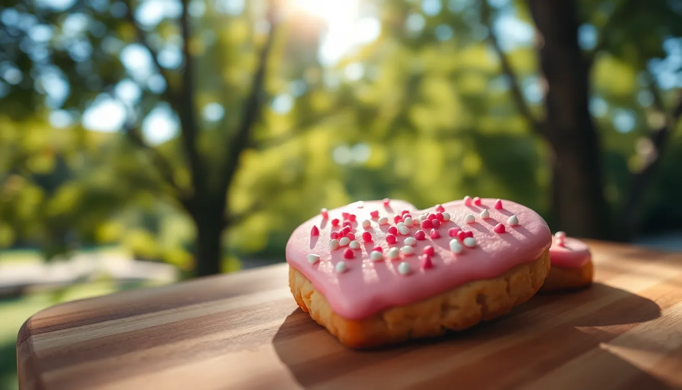 A heart-shaped cookie, decorated with vibrant pink icing and colorful sprinkles, takes center stage on a rustic wooden cutting board. Dappled sunlight filters through nearby trees, creating a warm and inviting atmosphere. The vibrant colors pop against the natural wood, emphasizing the delicious treat, while the texture of the cookie is beautifully detailed. This mouthwatering image captures the celebratory spirit of Valentine's Day.