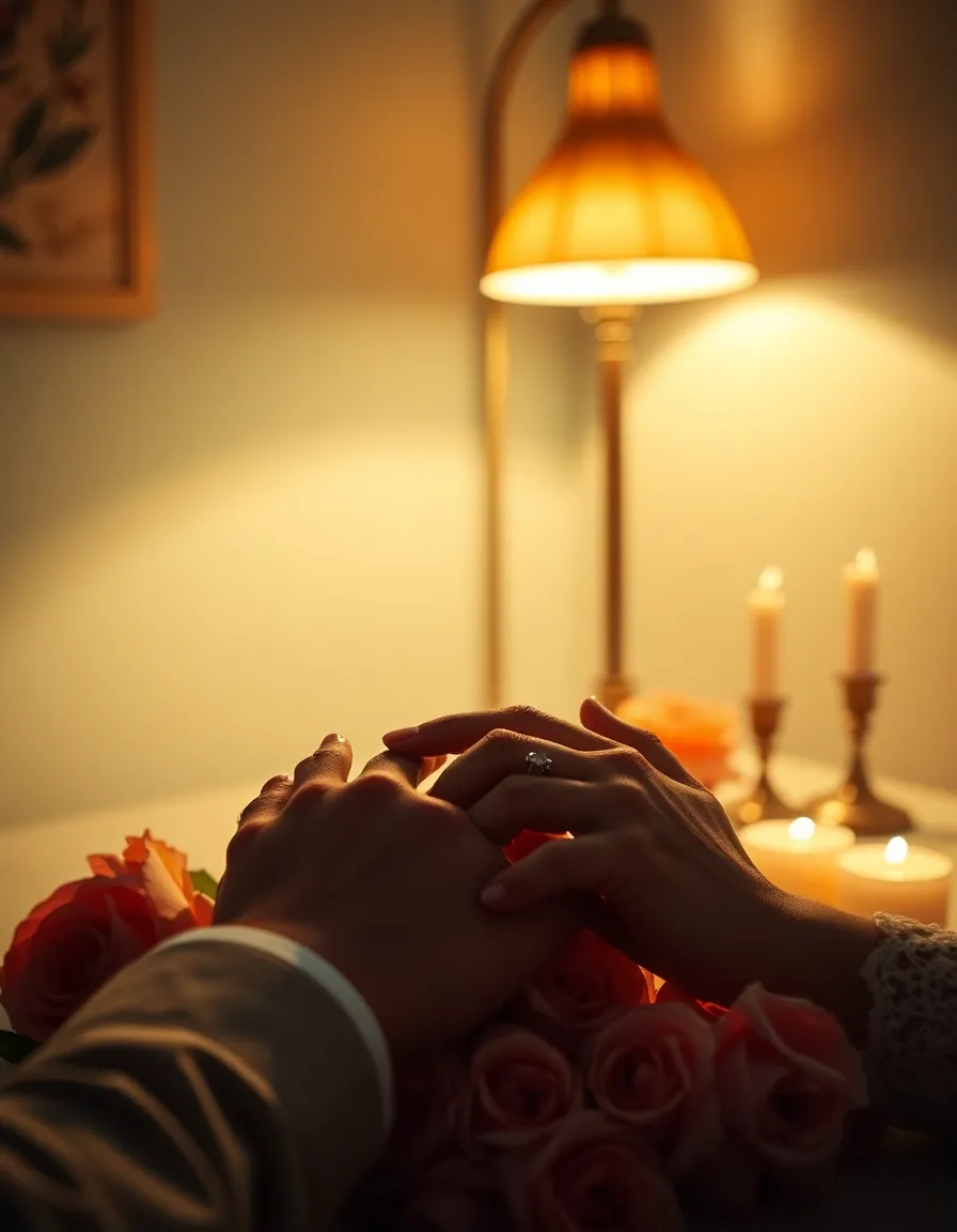 A close-up shot of two intertwined hands adorned with rings, exuding warmth and intimacy. The warm glow from the tungsten lamp highlights the details of the rings, while the surrounding candles and roses create a romantic ambiance. This composition draws the viewer's eye towards the couple's connection, perfect for Valentine's Day themes.