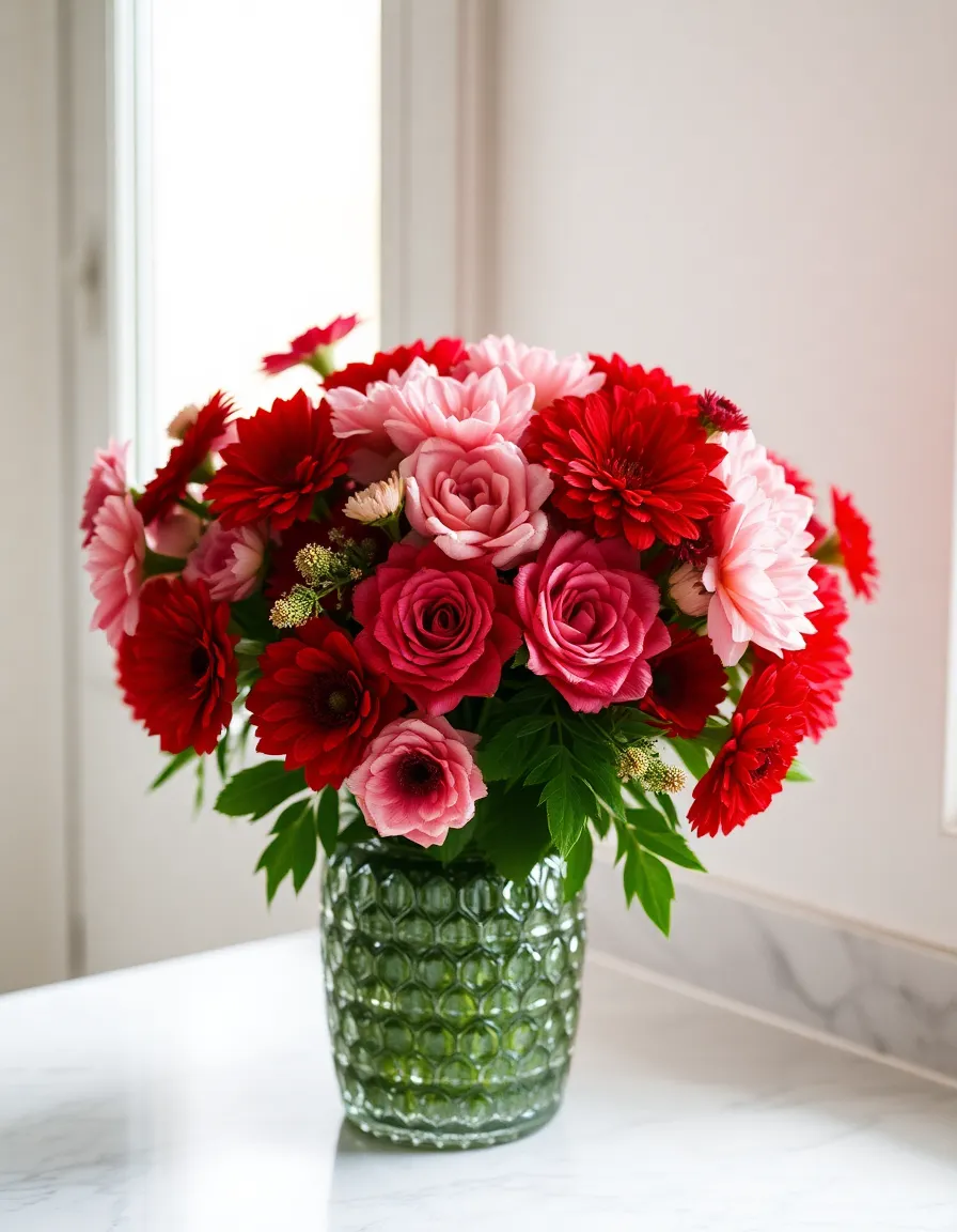 A lush, vibrant bouquet of mixed flowers showcasing reds, pinks, and whites, elegantly arranged in a textured glass vase. Soft, diffused window light bathes the scene, highlighting the natural beauty of each bloom. The shallow depth of field brings focus to the flowers while creating a dreamy backdrop. This image encapsulates the essence of romance, making it perfect for Valentine's Day décor or gifts.