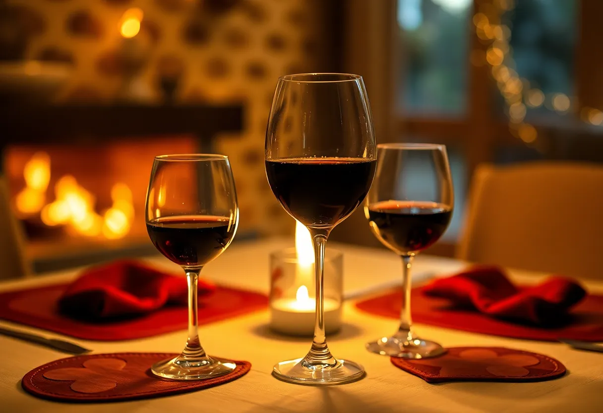 This intimate image showcases a dining table elegantly set for a romantic dinner on Valentine's Day. The warm firelight creates a cozy ambiance, illuminating two glasses of red wine and a flickering candle, while heart-shaped placemats add a personal touch. The shallow depth of field focuses on the details, inviting viewers to imagine the warmth and connection shared during the meal. Perfect for capturing the essence of romance and celebration.
