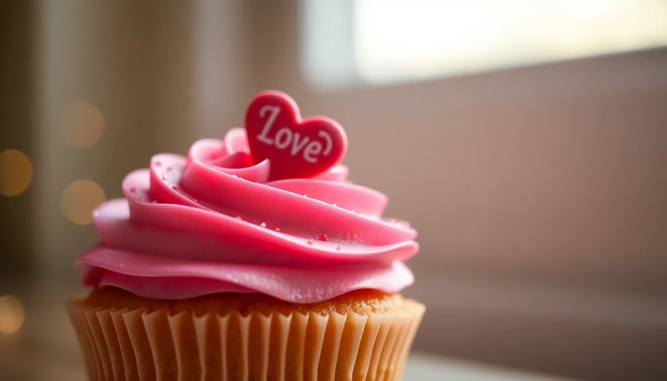 Sweet Valentine's Day Cupcake Close-Up This delightful close-up captures the essence of Valentine's Day with a beautifully decorated cupcake topped with rich frosting and a heart-shaped sprinkle. The soft daylight illuminates the vibrant reds and pinks, creating an inviting and warm atmosphere. The shallow depth of field emphasizes the intricate details of the frosting against a softly blurred background, making it a perfect visual treat for lovers of all things sweet. Ideal for capturing the spirit of romance and indulgence this February.