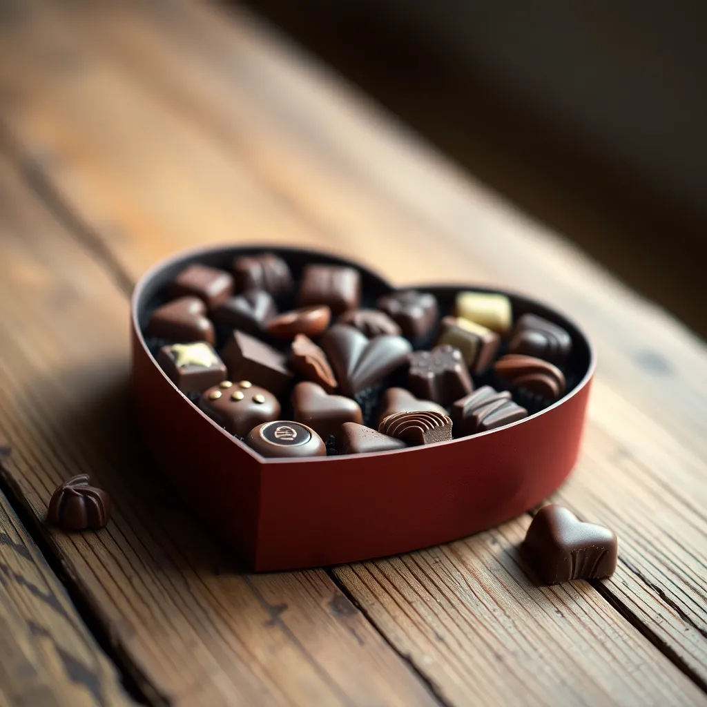 A close-up shot of a heart-shaped box filled with decadent chocolates, set on a rustic wooden table. The overcast lighting creates a soft, inviting atmosphere, highlighting the intricate details of the box and the rich textures of the chocolates. This composition is thoughtfully arranged to emphasize the theme of love and generosity, perfect for celebrating Valentine's Day with sweet treats for loved ones.