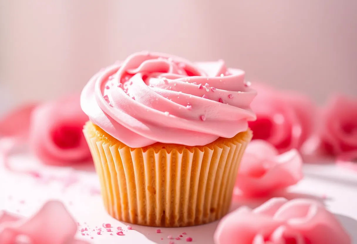 A delightful heart-shaped cupcake, beautifully decorated with soft pink frosting and shimmering edible glitter, captures the essence of Valentine's Day sweetness. Set against a soft pastel backdrop, the cupcake is illuminated by gentle natural light, highlighting the intricate details of its texture. This image evokes feelings of joy and celebration, making it perfect for sharing love through delicious treats.