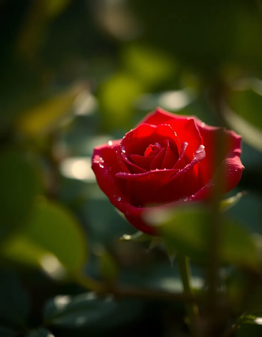 A stunning close-up of a single red rose adorned with morning dew droplets, captured in soft, natural light. The image highlights the intricate textures of the velvety petals and the delicate beauty of the dew, symbolizing freshness and love. Framed by lush green leaves, the rose stands out beautifully, and the composition evokes a sense of tranquility and romance, ideal for Valentine's Day. This macro perspective invites the viewer to appreciate the natural beauty of this timeless symbol of affection.