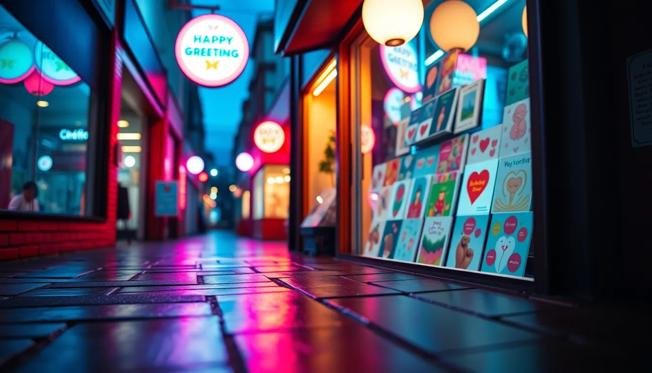 Vibrant Valentine's Day Cards Display A vibrant display of Valentine's Day greeting cards is captured in an urban setting, with neon signage reflecting vivid colors on the wet pavement. The cards are brightly illuminated from above, creating an atmosphere filled with excitement and joy. The cinematic color grading enhances the appeal, while the Dutch angle composition adds a dynamic flair. This image perfectly encapsulates the bustling energy of celebrating love in the city.