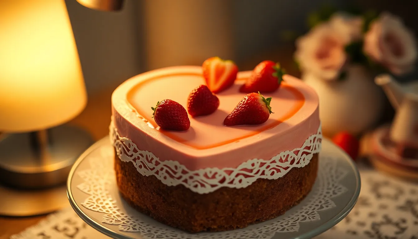This close-up image features a beautifully decorated heart-shaped cake adorned with fresh strawberries, set on a delicate lace doily. Warm tungsten light casts a soft glow on the cake, highlighting its textures and decadent details. The soft pastel colors create a romantic vibe, making this cake a perfect addition to any Valentine's Day celebration.