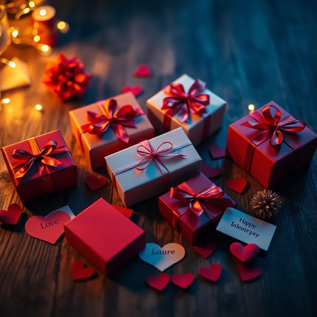 This romantic flat lay captures the essence of Valentine's Day with beautifully wrapped gifts and heartfelt love notes artfully arranged on a wooden surface. The warm tungsten lighting enhances the rich colors of the presents and notes, creating an intimate atmosphere. The intricate details of the wrapping and handwritten notes invite viewers to feel the love and care behind each gift. The composition is carefully balanced, ensuring that each element tells a part of the Valentine's Day story.