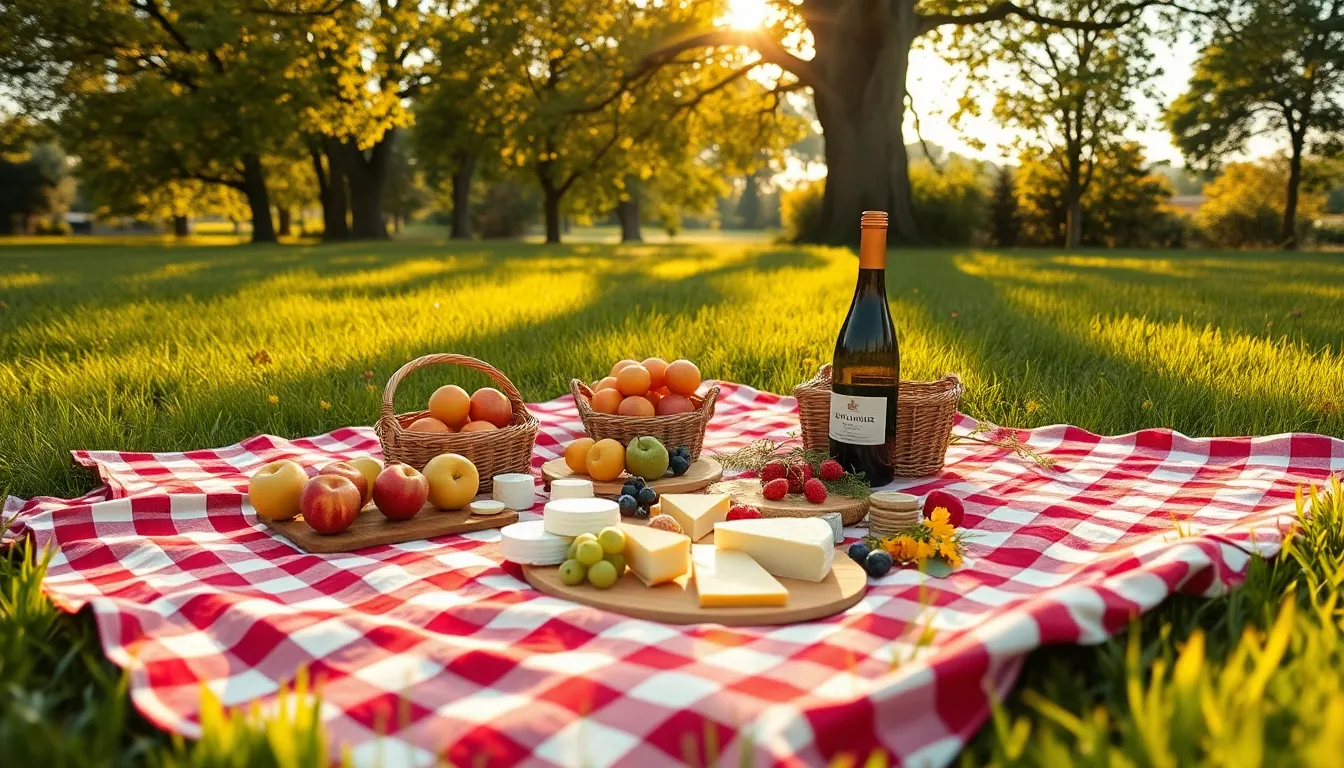 An inviting outdoor picnic setup for Valentine's Day, featuring a vintage checkered blanket spread across lush green grass. Golden hour light filters through trees, creating a warm, romantic atmosphere. The arrangement of fruits, cheeses, and sparkling wine adds charm and elegance to the scene, inviting couples to enjoy a delightful meal together. The vibrant colors and sharp details contribute to the festive mood, celebrating love in nature.