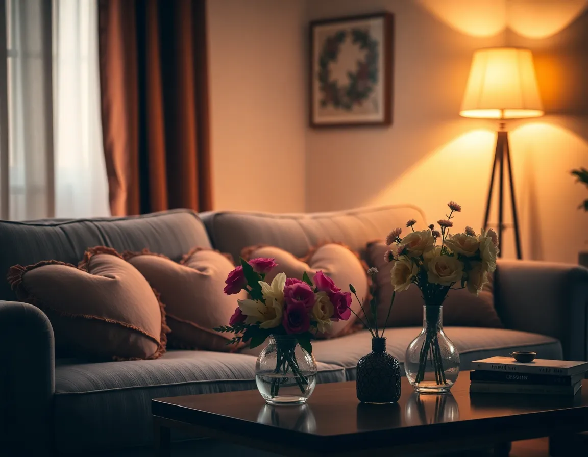 This inviting image captures a cozy living room adorned for Valentine's Day, featuring heart-shaped pillows and fresh flowers. The warm light from a lamp enhances the intimate atmosphere, perfect for a romantic evening in. The earth-toned palette brings softness to the scene, while the thoughtful composition draws the eye to the beautifully arranged flowers on a coffee table, inviting viewers to imagine the warmth of a Valentine's celebration at home.