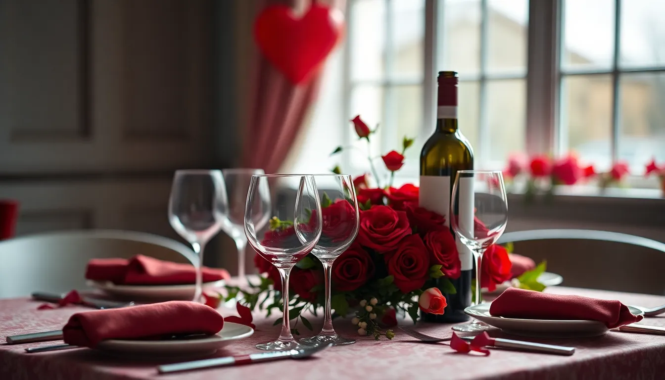 A captivating table setting for Valentine's Day, featuring a bottle of wine and elegant glasses surrounded by a vibrant floral centerpiece. The overcast daylight creates a gentle mood while enhancing the colors of the flowers. The Dutch angle composition adds a dynamic feel, making this image perfect for celebrating love.