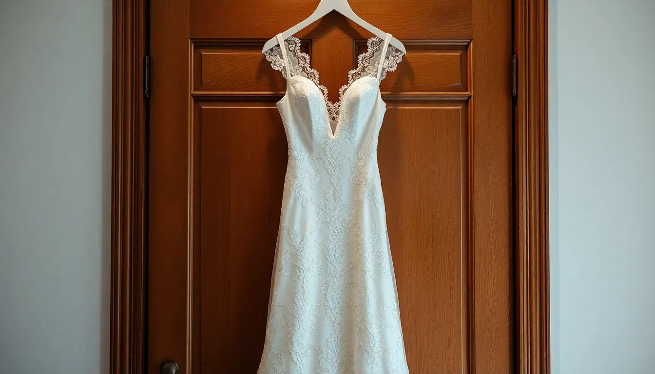 This stunning image captures an elegant wedding dress showcased against a vintage wooden door. The soft studio lighting emphasizes the intricate lace and delicate fabric, bringing out the rich texture details. The saturated colors create a dreamy atmosphere, making it ideal for Valentine's Day inspirations. This composition highlights the beauty and elegance of love and commitment.