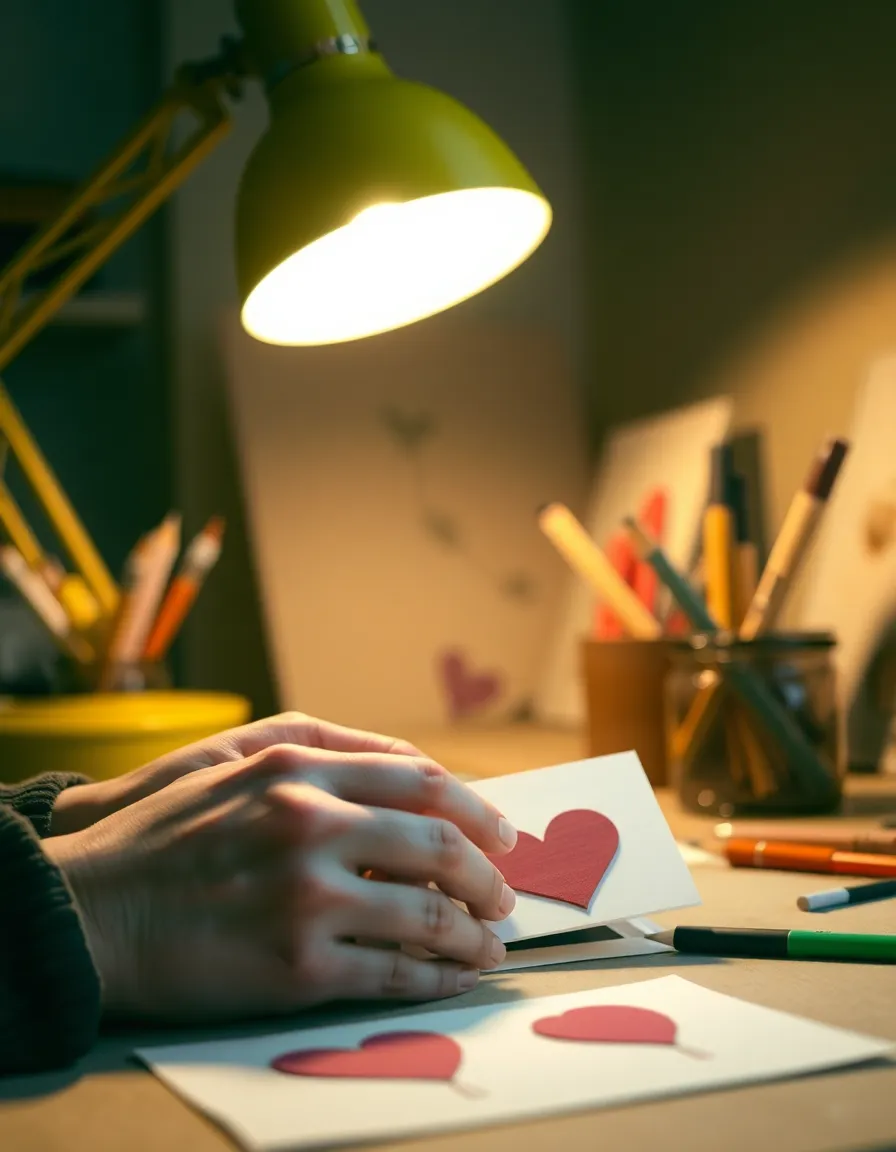 Crafting Handmade Valentine's Cards A close-up captures a pair of hands delicately crafting handmade Valentine's cards, illuminated by the warm glow of a tungsten desk lamp. The natural skin texture adds an intimate touch to the scene, while the muted tones create a cozy, homely ambiance. The composition emphasizes the act of creation, inviting viewers into a personal moment filled with love and artistry as art supplies lay softly blurred in the background.