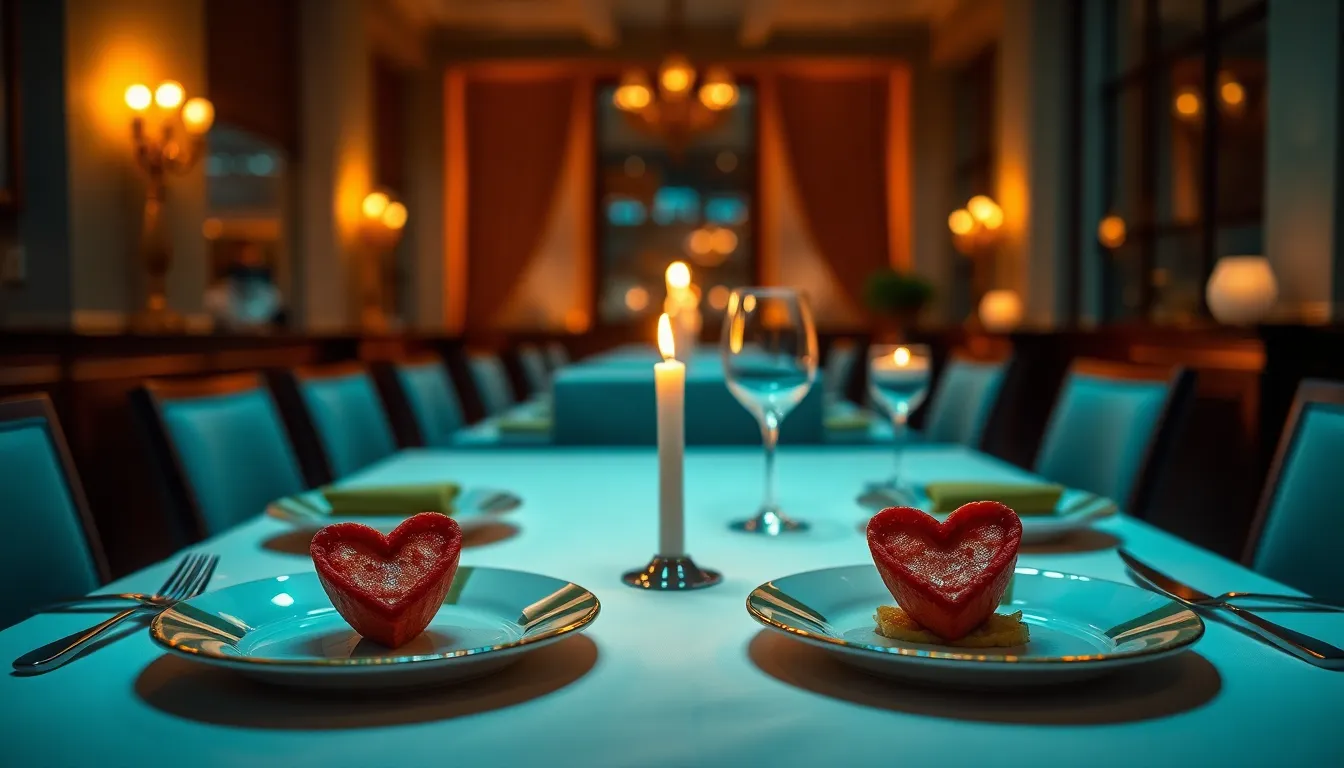 This captivating image portrays a romantic candlelit dinner table, complete with elegantly arranged heart-shaped appetizers. The soft light from the candles creates a warm glow, beautifully illuminating the fine dining setups. The selective focus on the flickering flames adds a touch of intimacy and intrigue, inviting viewers to imagine an unforgettable evening. The cinematic color grading enhances the overall romantic ambiance of this Valentine's Day scene.