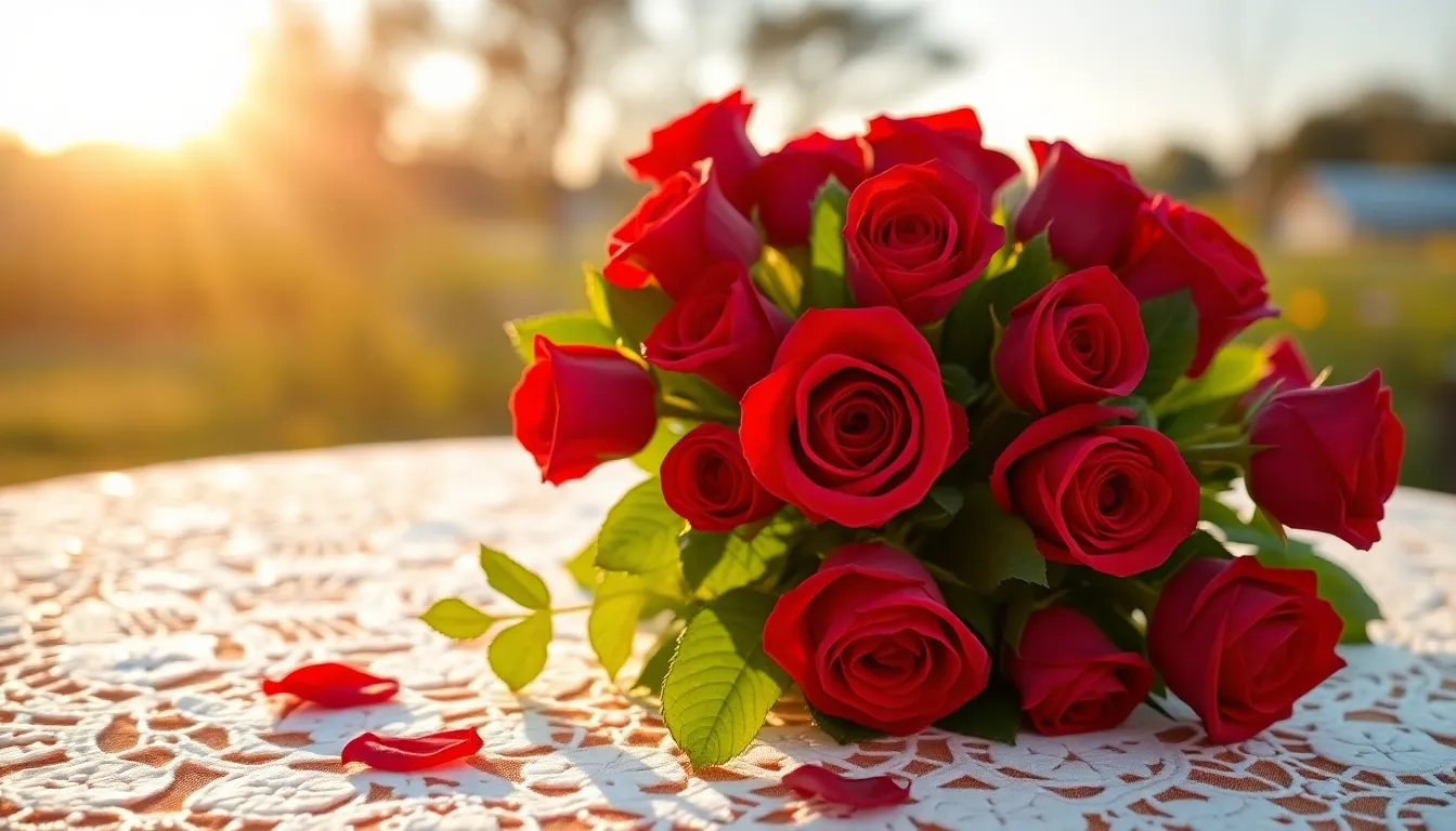 This image beautifully showcases a bouquet of red roses against an elegant lace table covering during the golden hour. The warm backlighting highlights the petals and leaves, creating a romantic glow that enhances the lush red hues. Delicate dewdrops cling to the roses, adding a fresh and inviting texture. This scene encapsulates the essence of love and celebration, making it a perfect visual for Valentine's Day themes.