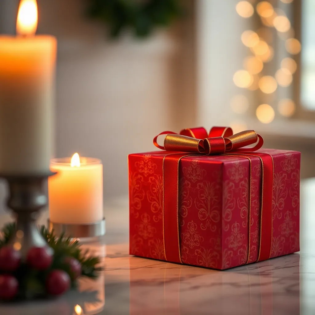 A stunning close-up of an elegantly wrapped Valentine's Day gift box, beautifully presented on a luxurious marble countertop. The rich texture of the wrap, accented by gold ribbons, pops against the soft glow of candlelight, creating a romantic atmosphere. This image captures the essence of anticipation and love, with its rich color palette and elegant composition emphasizing the importance of thoughtful gifting.